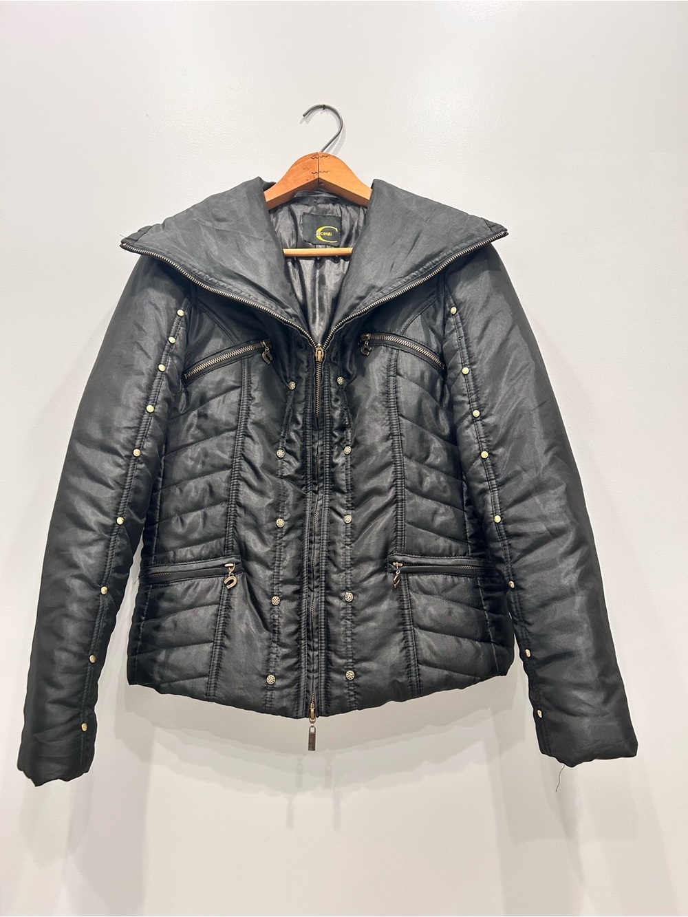 Just Cavalli Vintage Y2K Black Quilted Puffer Jacket with Studded Hardware